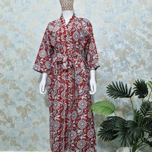Red Floral Cotton Kimono Robe | Handmade Boho Loungewear | Block Print Bathrobe | Lightweight Summer Kaftan for Women