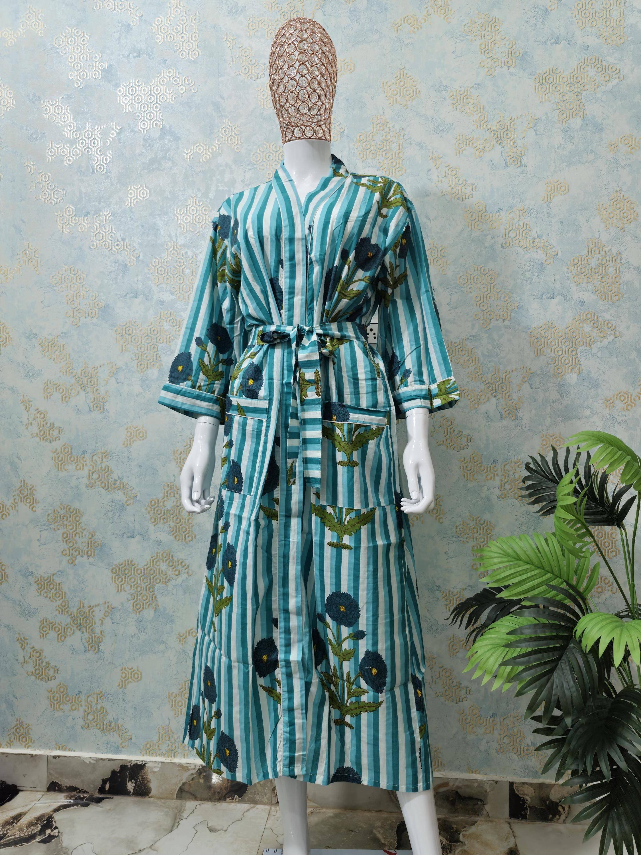 Indian kimono Boho Striped Cotton Maxi Dress with Floral Print – Handmade Belted kimono Style Summer Dress, Lounge or Resort Wear