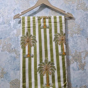 Palm Tree Print Cotton Fabric: Green Stripe Hand Blocked Indian Cotton