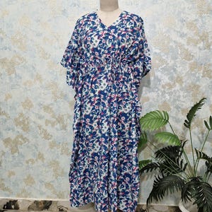 Floral Cotton Kaftan Dress: Blue & Pink Boho Loungewear