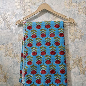 Blue Hand block Printed Cotton Fabric – Bold Floral Print by the Yard, Indian Craft Fabric for Sewing, Quilting, Dressmaking & Home Décor