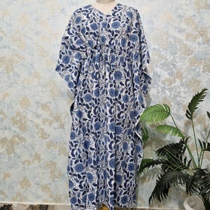 Blue Floral Cotton Kaftan Dress – Hand Block Printed Free Size Maxi Gown – Boho Loungewear for Women – Summer Resort Wear Kaftan