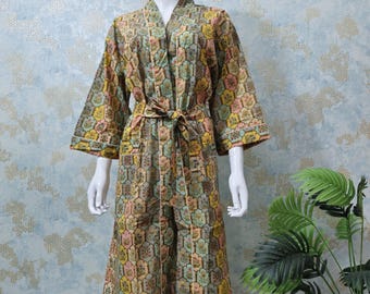 Hand Block Printed Cotton Kimono Robe –Multicolour Floral Pattern Loungewear | Boho Dressing Gown with Belt | Lightweight Bathrobe for Women