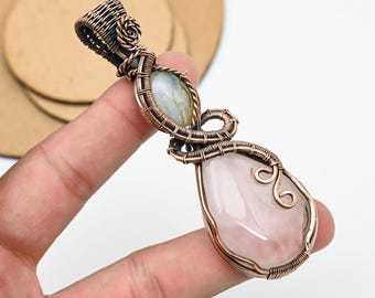 Rose Quartz and Moonstone Pendant: Handmade Copper Wire Wrapped Healing Crystal