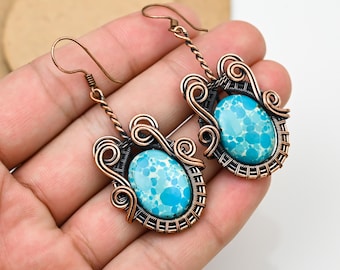 Turquoise Dangle Earrings: Copper Wire Wrapped Gemstone Jewelry