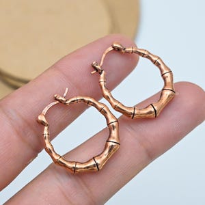May include: A pair of copper-coloured hoop earrings. The earrings are designed to resemble bamboo stalks, with segmented details and a warm, metallic finish. The hoops are shown against a neutral background.