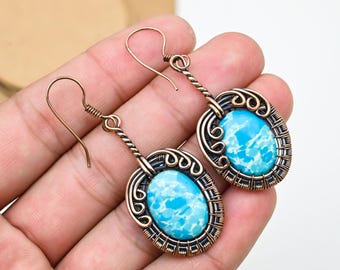 Turquoise Dangle Earrings: Copper Wire Wrapped Gemstone Jewelry