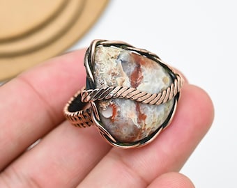 Handgemaakte met koperdraad gewikkelde Crazy Lace-agaatring: Boho-edelsteensieraden