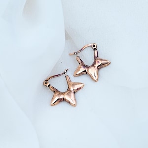 Puede incluir: Un par de pendientes de aro fabricados en un material metálico de tono cobrizo. Cada pendiente presenta un diseño distintivo en forma de estrella de cinco puntas. La superficie del metal tiene un acabado pulido y reflectante con variaciones.