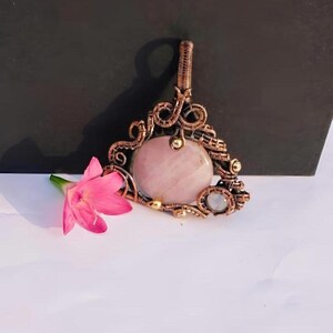 Natural Rose Quartz Wire wrap copper pendant/ excellent handwork pendant/Oxidize Polish Copper Pendant / Birthday gift/ Christmas gift