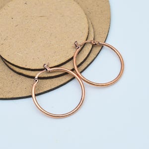 Puede incluir: Dos pendientes de aro de color cobre. Los pendientes tienen un diseño circular simple y un cierre de cierre. Se muestran sobre un fondo claro con algunos objetos circulares marrones.