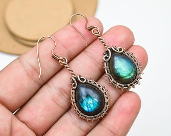 Handmade Labradorite Dangle Earrings: Copper Wire Wrapped Gemstone Jewelry