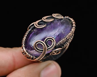 Handmade Amethyst Copper Ring: Adjustable Wire Wrapped Gemstone