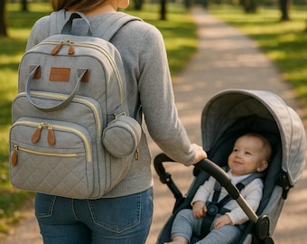 Grijze luiertas: multifunctionele babytas, moederrugzak, luiertas voor op reis, zwangerschapstas met grote capaciteit, stijlvolle opberger voor babybenodigdheden