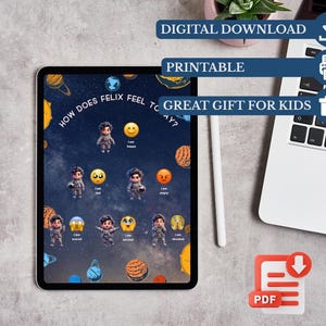 May include: A digital download printable featuring a space-themed illustration with the text "HOW DOES FELIX FEEL TODAY?" and various emotions. The image includes the text "GREAT GIFT FOR KIDS" and a PDF icon.