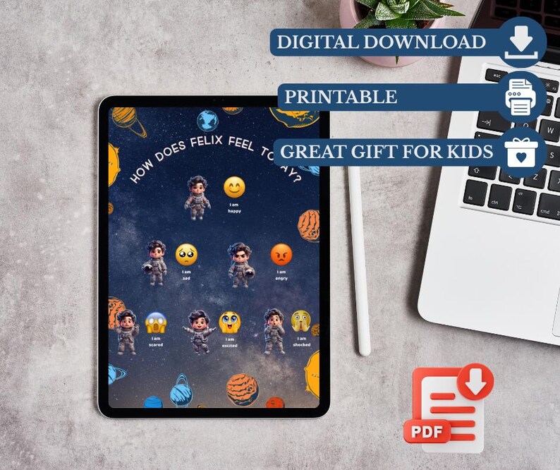 May include: A digital download printable featuring a space-themed illustration with the text "HOW DOES FELIX FEEL TODAY?" and various emotions. The image includes the text "GREAT GIFT FOR KIDS" and a PDF icon.