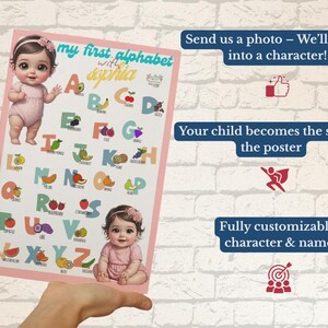 May include: A personalized alphabet poster with the text "my first alphabet with Sophia." The poster features illustrations of fruits and two baby illustrations. The poster is held by a person.