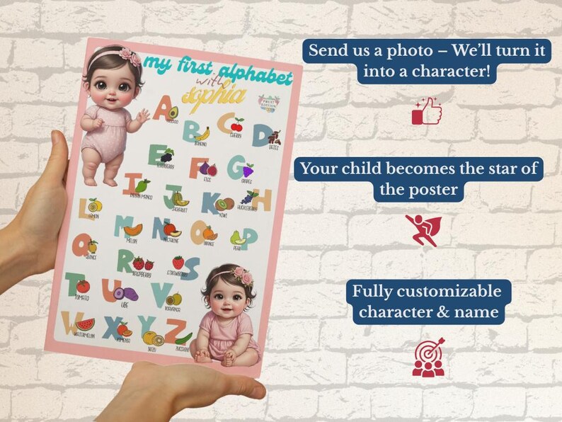 May include: A personalized alphabet poster with the text "my first alphabet with Sophia." The poster features illustrations of fruits and two baby illustrations. The poster is held by a person.