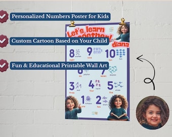 Personalized Numbers Poster for Kids – Custom Name & Character – Educational Printable – Nursery or Classroom Wall Art