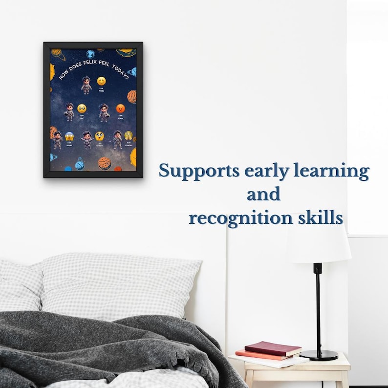 May include: A framed educational poster with a space theme. The poster features astronauts with various facial expressions and the text "HOW DOES FELIX FEEL TODAY?". Planets and stars are also depicted.