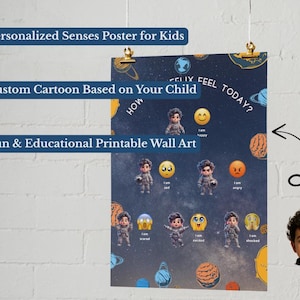 May include: A personalized senses poster for kids featuring a custom cartoon. The dark blue poster has illustrations of planets and astronauts with various emotions. Text includes "How do you feel today?" and "Fun & Educational Printable Wall Art."