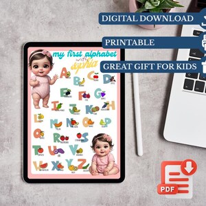 May include: A digital download of a printable alphabet chart for kids. The chart features the text "my first alphabet with Sophia" and includes illustrations of fruits and a baby girl. The words "Digital Download", "Printable", and "Great Gift for Kids" are also visible.