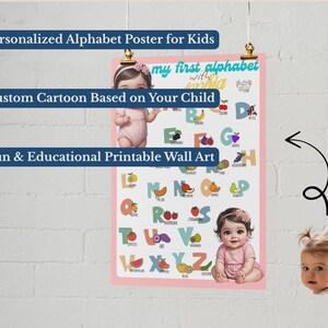 May include: A personalized alphabet poster for kids, featuring a custom cartoon. The poster displays the alphabet with colorful illustrations of fruits and a baby girl. The text reads "my first alphabet".
