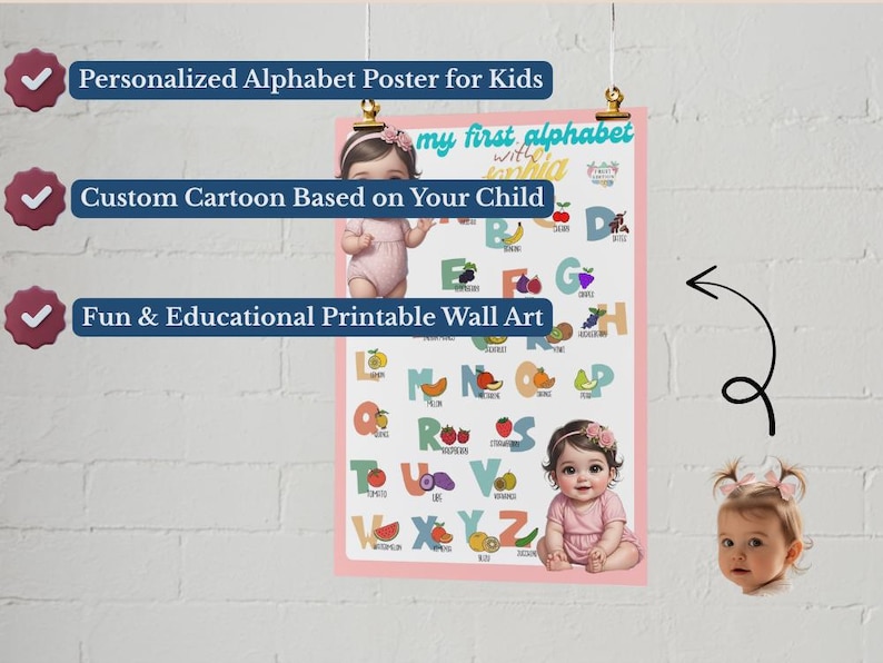 May include: A personalized alphabet poster for kids, featuring a custom cartoon. The poster displays the alphabet with colorful illustrations of fruits and a baby girl. The text reads "my first alphabet".