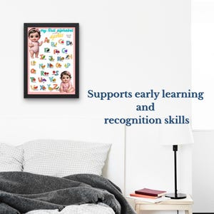 May include: A framed alphabet chart with illustrations and the text "my first alphabet". The chart features images of babies and colorful letters. The text "Supports early learning and recognition skills" is also visible.
