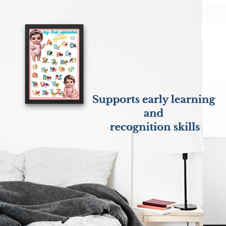 May include: A framed alphabet chart with illustrations and the text "my first alphabet". The chart features images of babies and colorful letters. The text "Supports early learning and recognition skills" is also visible.