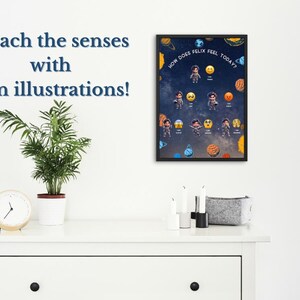 May include: A framed poster with the text "How does Felix feel today?" features astronaut illustrations with various emotions. The poster is displayed on a white dresser, alongside a potted plant and a clock.