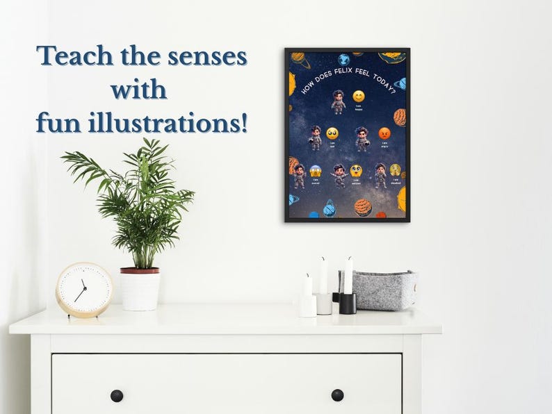 May include: A framed poster with the text "How does Felix feel today?" features astronaut illustrations with various emotions. The poster is displayed on a white dresser, alongside a potted plant and a clock.