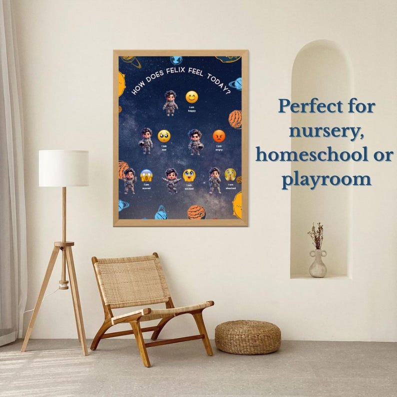 May include: A framed poster with the text "How does Felix feel today?" features illustrations of children and emojis representing different emotions. The poster is displayed in a room with a wooden chair and a floor lamp.