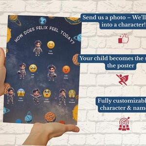 May include: A poster with a space theme, featuring the text "How does Felix feel today?" and illustrations of a character expressing different emotions. The poster includes the text "Send us a photo - We'll turn it into a character!"