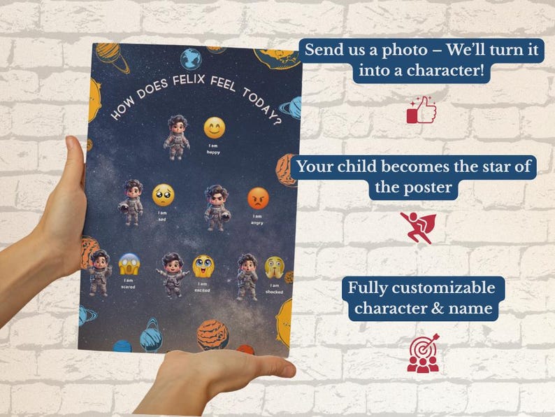May include: A poster with a space theme, featuring the text "How does Felix feel today?" and illustrations of a character expressing different emotions. The poster includes the text "Send us a photo - We'll turn it into a character!"