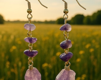 Raw Amethyst Dangle Earrings • Natural Purple Crystal Jewelry • Healing Stone Earrings • Calming & Intuition Gift for Her
