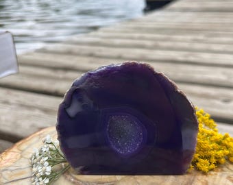 Vibrant Purple Agate Geode Slice with Quartz Druzy Pocket