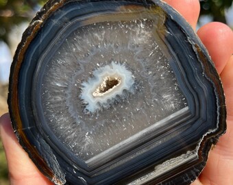 Banded Agate Slice Geode | Polished Natural Crystal Stone Decor | Unique Metaphysical Gift | Large Geode Specimen Display