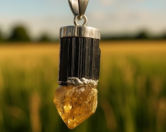 Raw Citrine & Black Tourmaline Pendant – Natural Crystal Necklace for