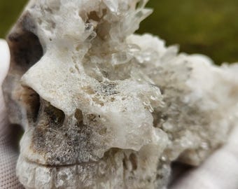 Grote handgesneden druzy-kwartskristallen schedel – met de hand gesneden met ruwe kristallen cluster op sfaleriet