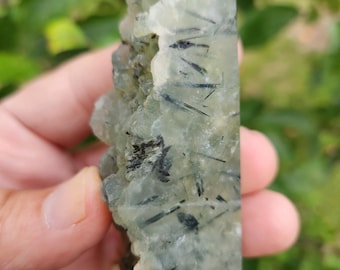 Natural Prehnite Crystal Tower with Black Tourmaline Inclusions – Healing Energy Stone for Protection, Clarity & Emotional Balance