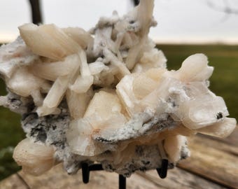 Grote perzikwitte stilbietcluster – premium Indiase zeoliet – uitstralende kristalvorming met bladen