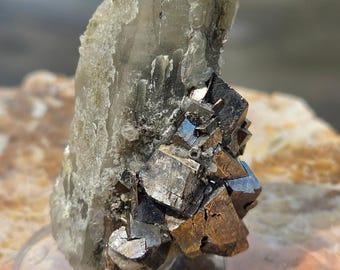 Arsenopyrite on Quartz Crystal Cluster with Display Stand