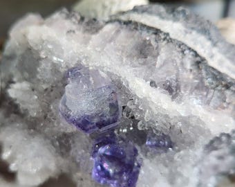 Paarse kubische fluoriet op kwartsmatrix | Scherpe fluorietkubus, verzamelobject