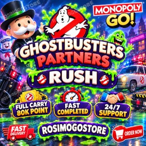 May include: A digital graphic for Monopoly Go Ghostbusters Partners Rush featuring the Monopoly mascot, a Stay Puft Marshmallow Man, a green ghost, and the Ecto-1 car. Text includes Full Carry 80K Point, Fast Completed, 24/7 Support, and Order Now.
