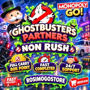May include: A Monopoly Go Ghostbusters Partners promotional graphic featuring Mr. Monopoly, a Stay Puft Marshmallow Man, a green ghost, and the Ecto-1 vehicle. Text includes Ghostbusters Partners, Non Rush, Full Carry 80K Point, Fast Completed, 24/7 Support, and Rosimogostore.