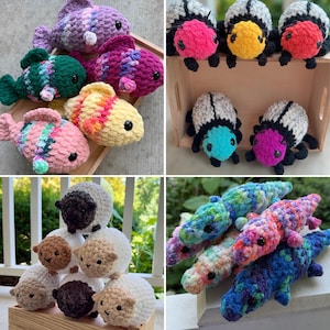 Peut inclure: Collection de jouets crochetés à la main, comprenant des poissons colorés, des coccinelles, des moutons et des alligators. Les poissons sont dans les tons de rose, violet, vert et jaune. Les coccinelles sont rouges, jaunes et roses. Les moutons sont blancs et bruns. Les alligators sont bleus et verts.