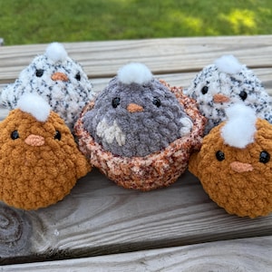 Może przedstawiać: Pięć ręcznie robionych szydełkowych kurczaków w różnych kolorach. Dwa są pomarańczowe, dwa są biało-czarne w cętki, a jeden jest szary. Każdy ma biały pęczek, pomarańczowy dziób i czarne oczy. Kurczaki ułożone są na drewnianej powierzchni.