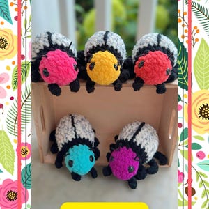 Könnte beinhalten: Handgefertigte Häkelkäfer in verschiedenen Farben: Rosa, Gelb, Rot, Türkis und Lila. Jeder Käfer hat einen schwarz-weiß gestreiften Körper und schwarze Beine. Das Wort "Pattern" wird in Gelb angezeigt.