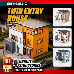May include: A miniature paper model kit titled Set No101-C Twin Entry House, featuring a three-story building with orange and white walls, multiple windows, and a flat roof. The set includes four unique structure designs in HO 1:87 scale.